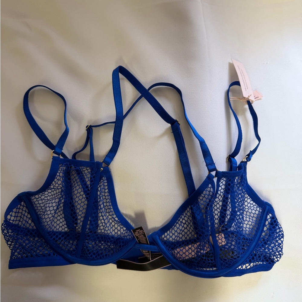 VICTORIAS SECRET VERY SEXY STRAPPY FISHNET OPEN CUP LOW CUT DEMI BRA blue oar - Picture 4 of 8